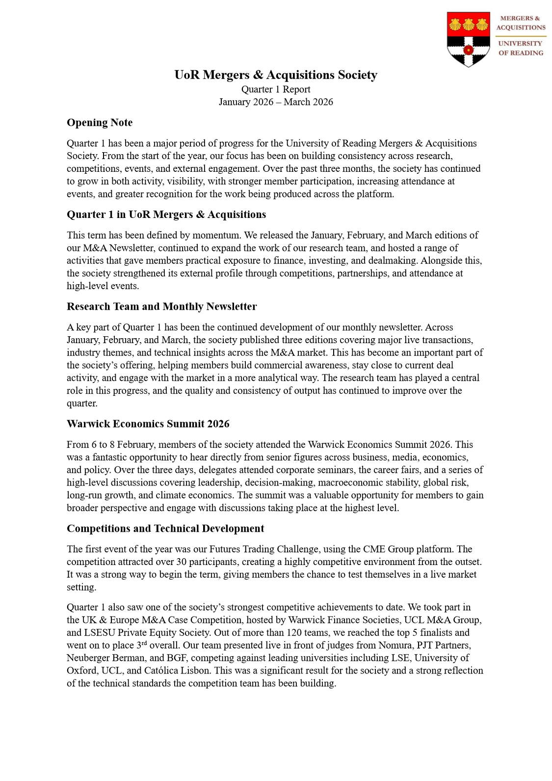 Cover of Quarter 1 Report